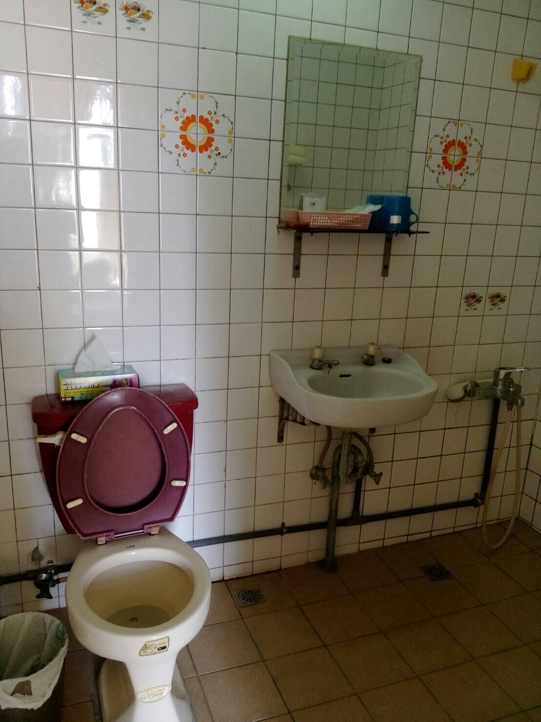 A bathroom with a toilet, sink, and mirror.
