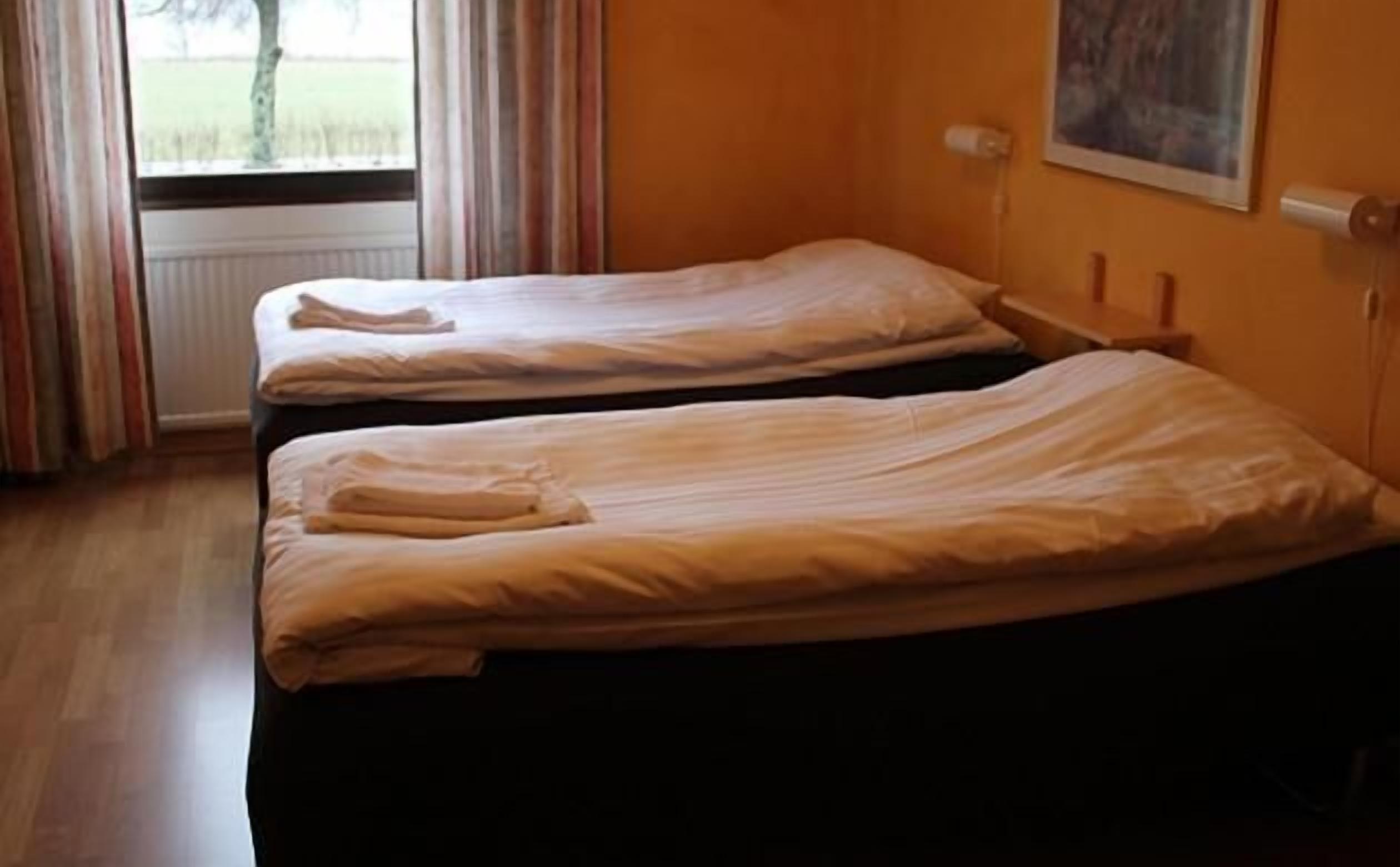 Una habitación con dos camas individuales, una ventana con cortinas, un radiador y un cuadro en la pared.