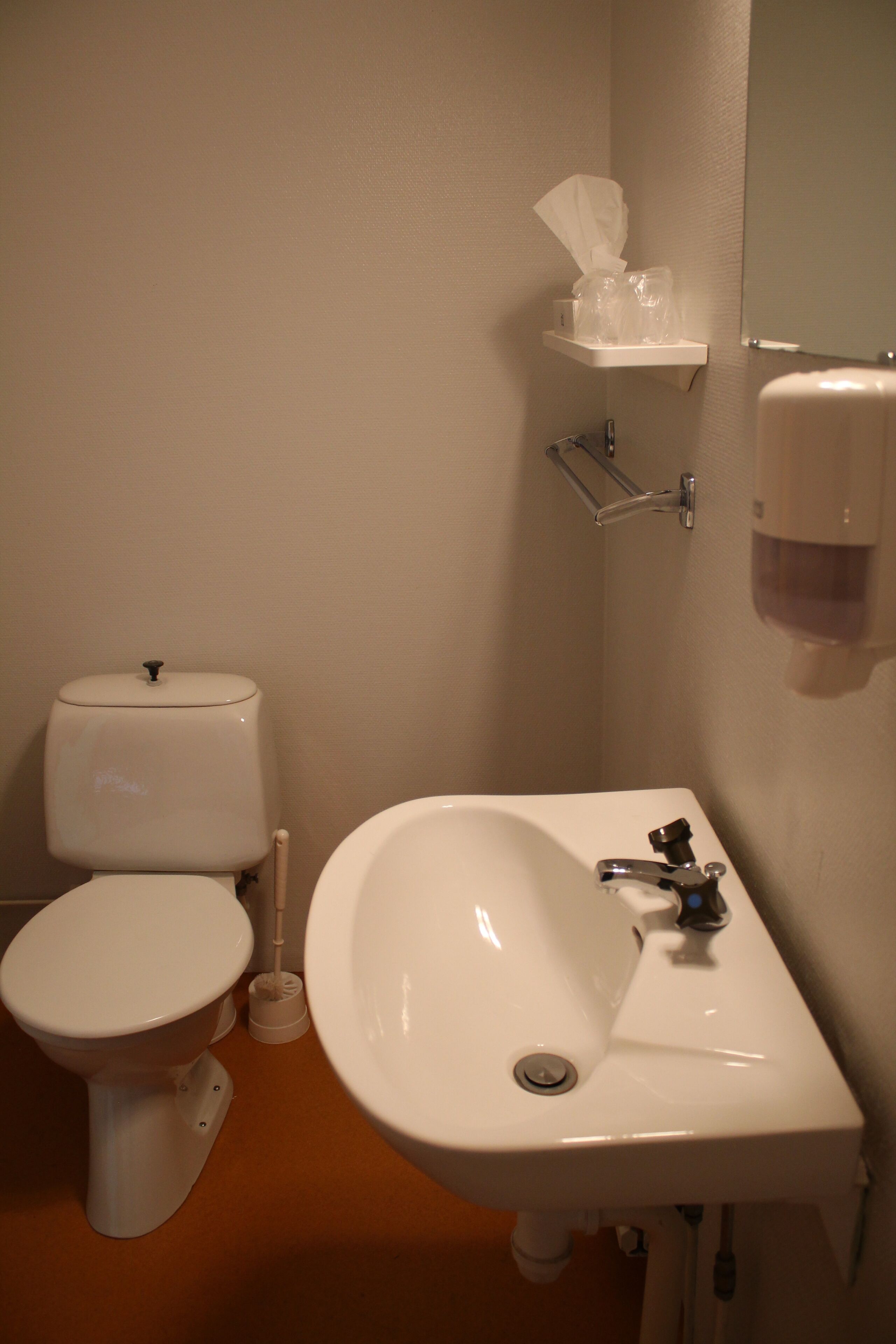 Un baño con inodoro, lavamanos y dispensador de pañuelos en un estante.