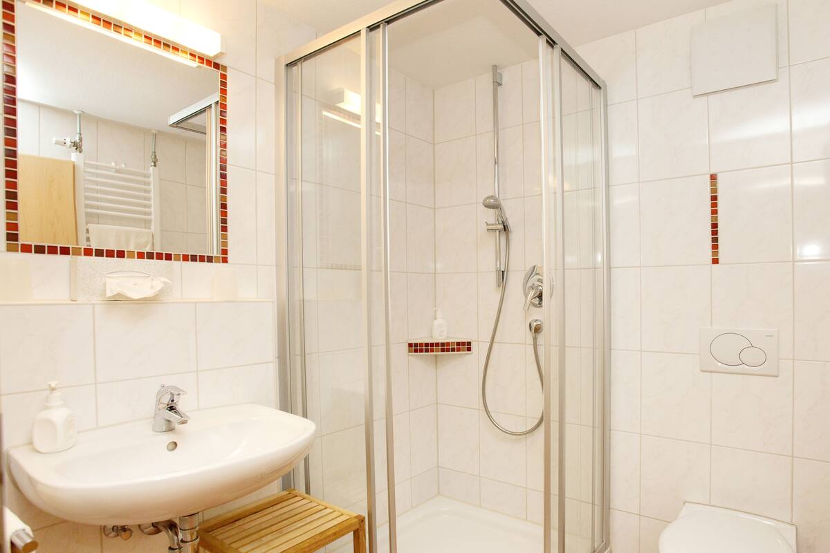 shower, free toiletries, hair dryer, towels