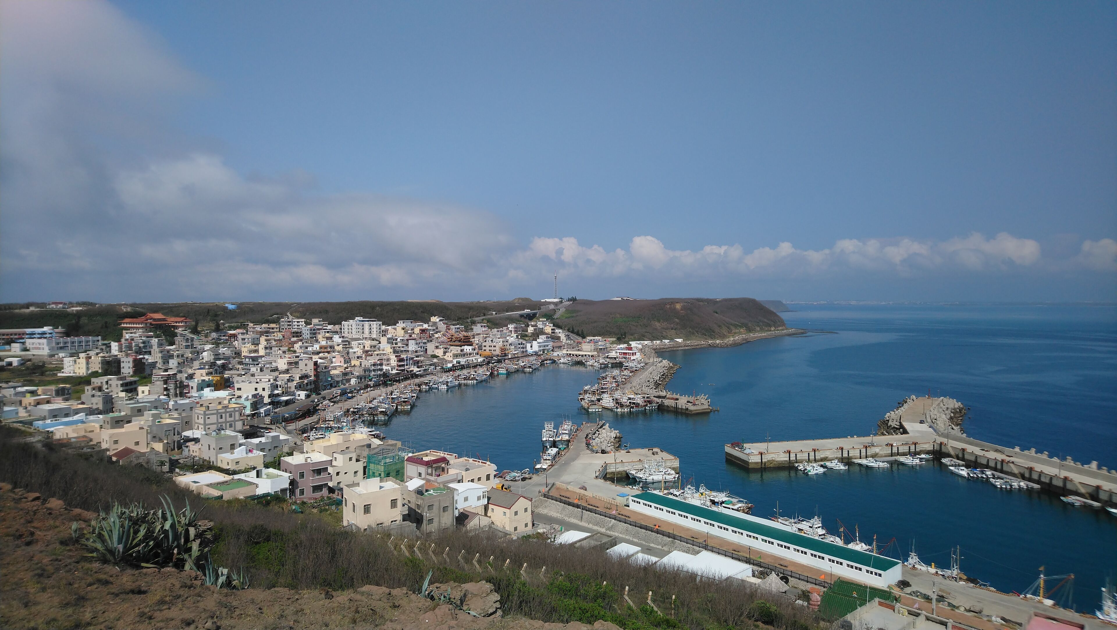 A coastal town with a marina, buildings, and a clear view of the sea.
