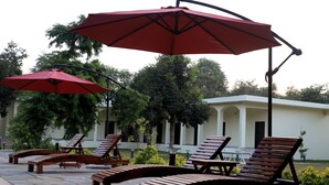 Outdoor lounge chairs and red umbrellas arranged on a patio with a building in the background. - Aroma Resort Pushkar (Pushkar)