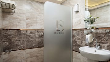 Shower, rainfall showerhead, hair dryer, slippers
