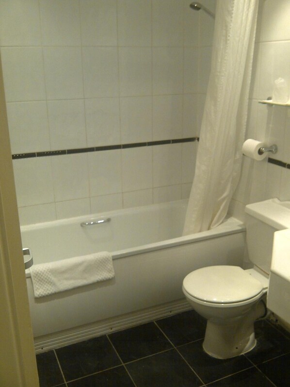 A bathroom with a bathtub, toilet, and a shower curtain.