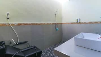 Shower, bathrobes, towels