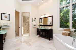 Bathtub, hair dryer, bidet, towels