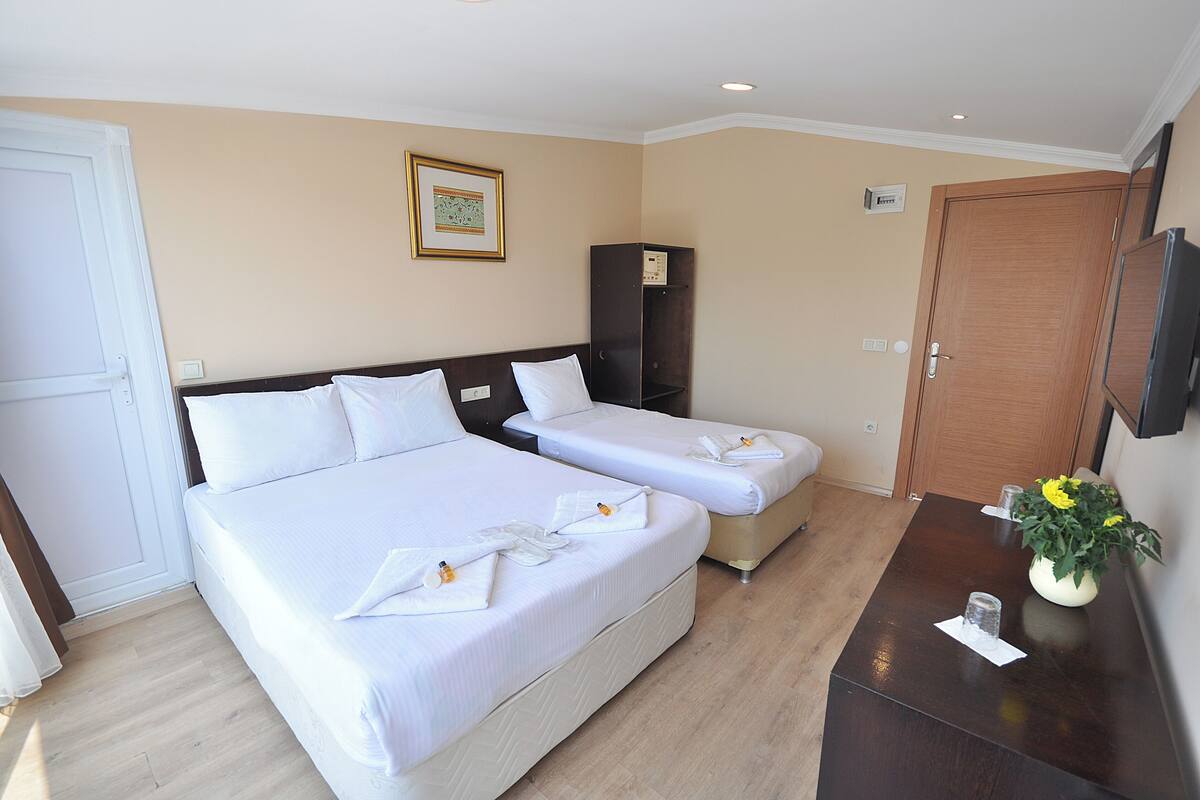 A hotel room with two beds, a desk, a TV, a door, and a framed picture on the wall.