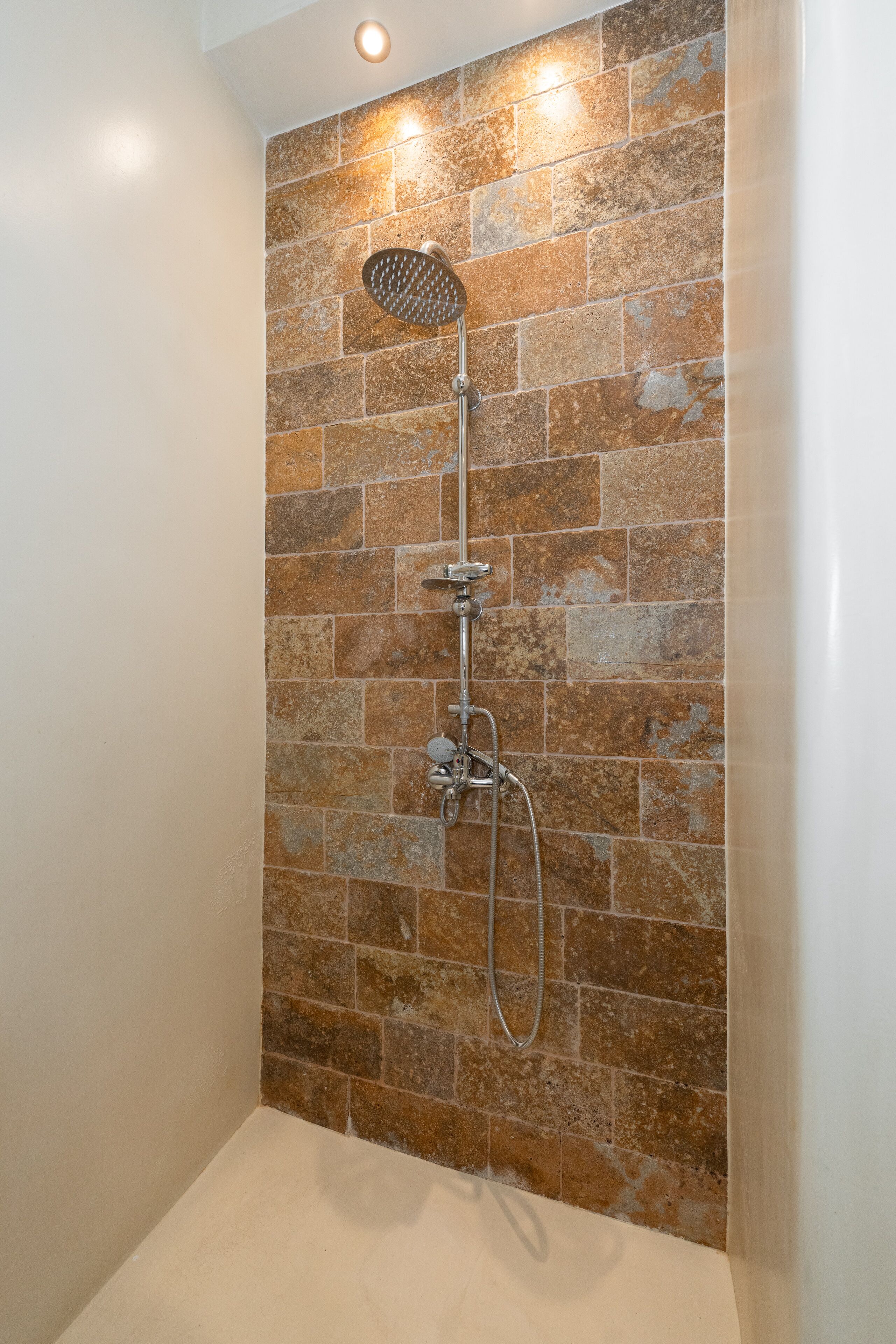 A shower with a rain showerhead and handheld showerhead, set against a tiled wall.