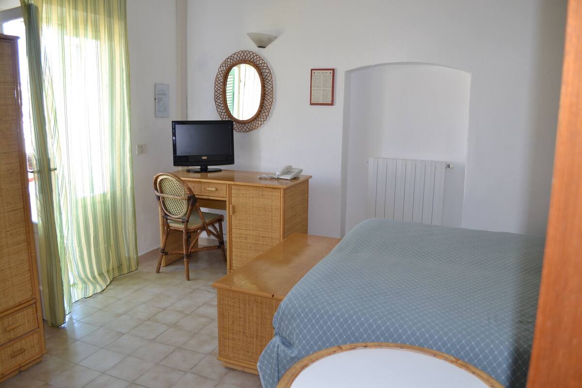 A room with a bed, a desk with a computer, a chair, a mirror, and a window with curtains.