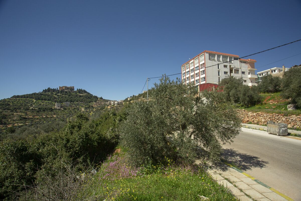 Un edificio de diseño moderno, ubicado en una ladera con vistas a un castillo a lo lejos.