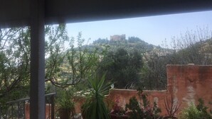 A balcony with potted plants and a view of a hill with a building on top. - Ajloun Hotel (Ajloun)