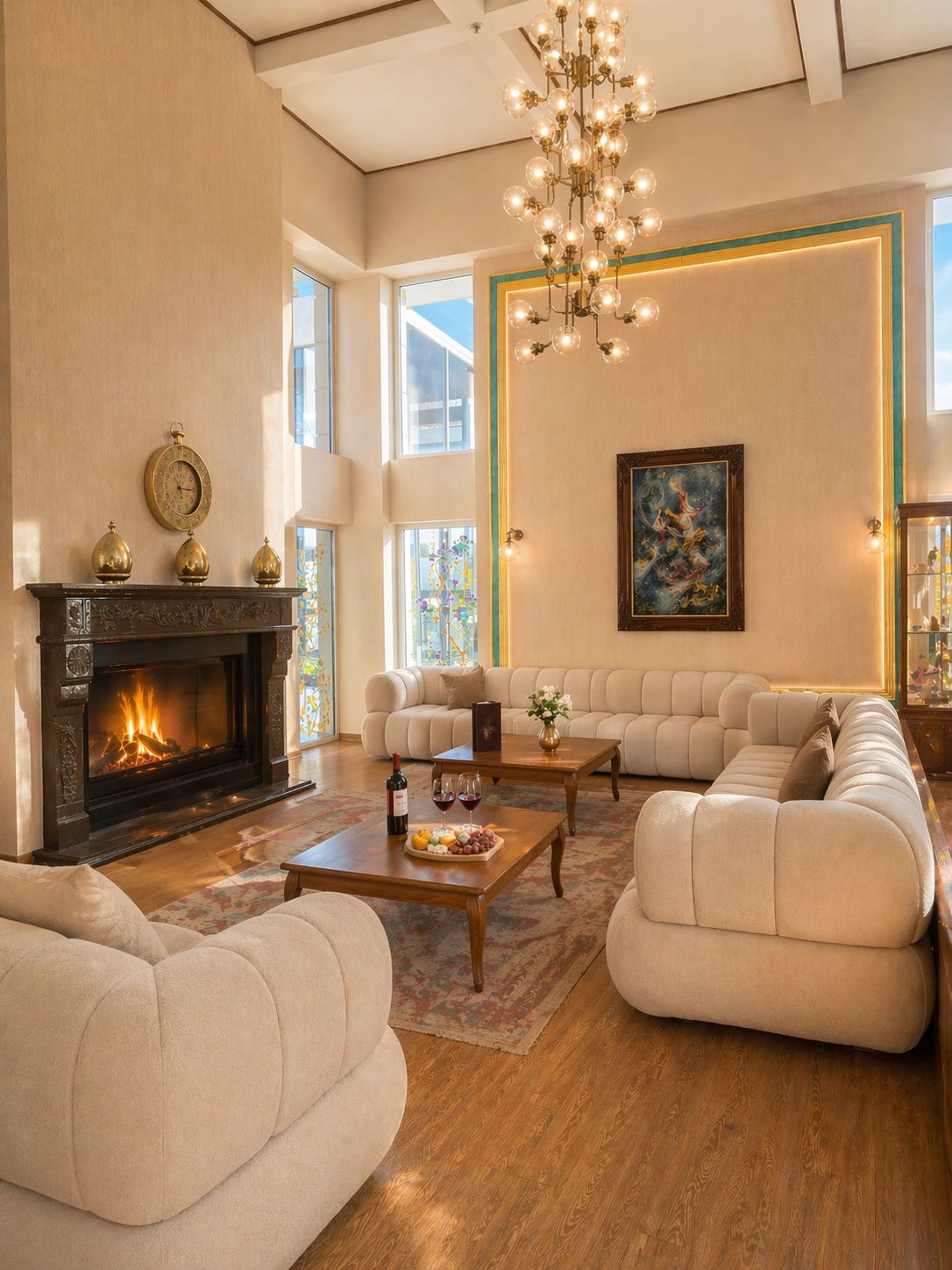 A spacious living room with a fireplace, leather sofas, a coffee table with wine glasses, and a chandelier.