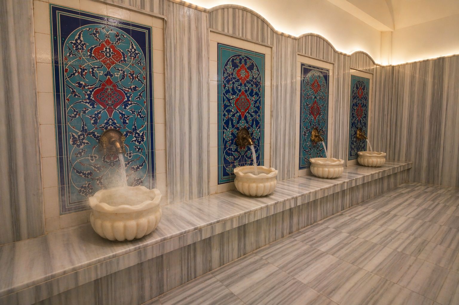 A row of marble sinks with ornate tile designs above them.