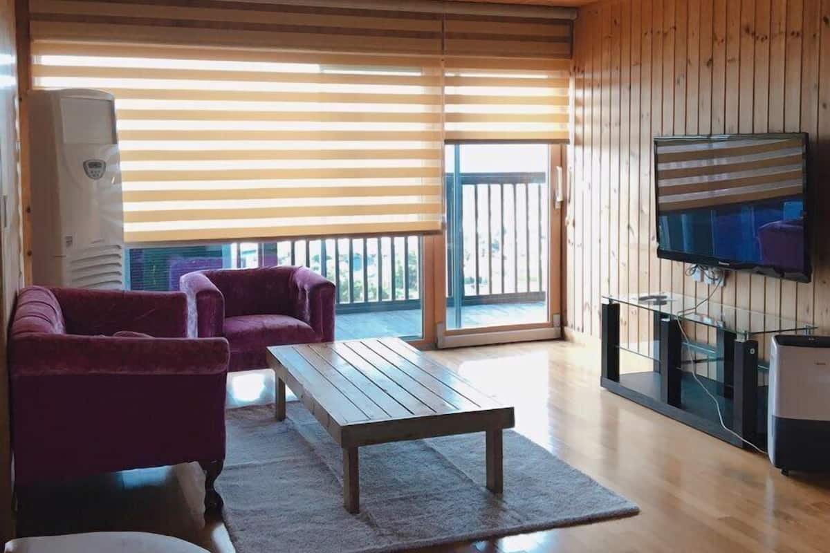 A wooden interior with a sofa, a coffee table, and a television.