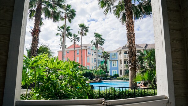 A view of a pool area with palm trees and colorful buildings in the background. - Poolside Retreat, Steps to the Ocean! (Galveston)