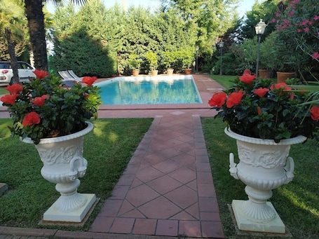 Seasonal outdoor pool, sun loungers