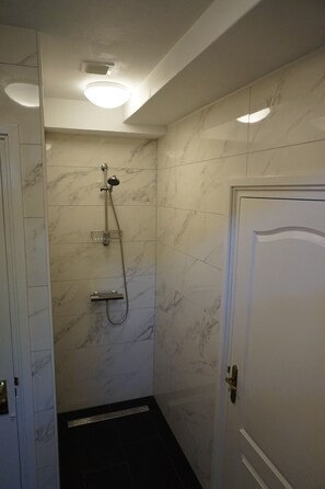 Shower, free toiletries, hair dryer, towels