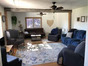 Smart TV, fireplace, DVD player, books