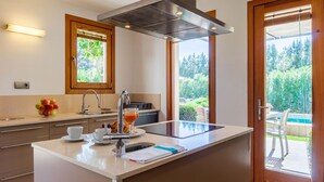 Une cuisine moderne dotée d’un grand îlot central, d’une cuisinière intégrée et d’une fenêtre donnant sur un jardin.