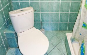 A toilet in a bathroom with green tiles.