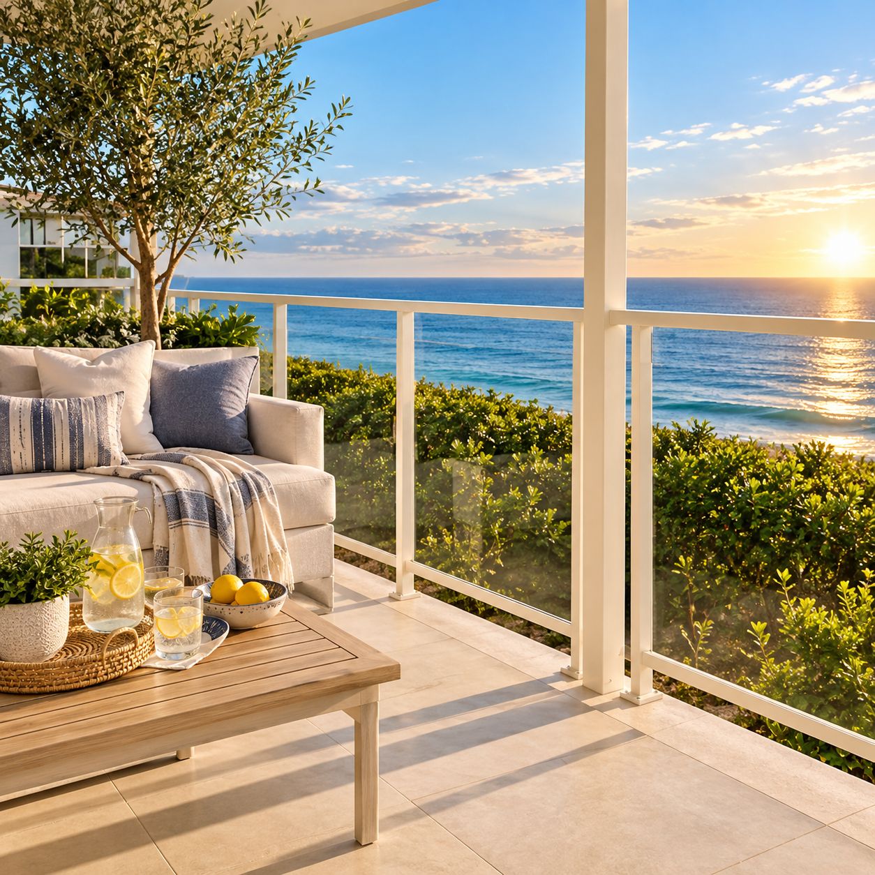 A balcony with a sofa, a table with drinks, and a view of the sea.