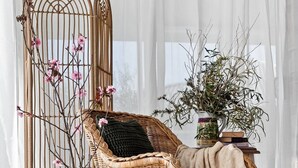 A wicker chair with a cushion, a potted plant, and a decorative mirror in a room with sheer curtains. - Absolute Beachfront Escape · Ocean Views · Family Luxury (Halls Head)