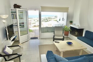 Smart TV, fireplace, books