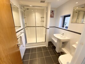 Combined shower/bathtub, hair dryer, towels