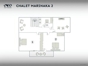 Plano de Chalet Marinaka 2 con dos dormitorios, un baño, una cocina y una sala de estar.