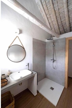 Douche, séchoir à cheveux, serviettes fournies, savon