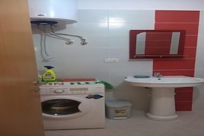 Shower, hair dryer, bidet, towels