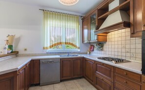 Fridge, stovetop, dishwasher, coffee/tea maker