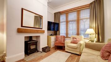 Smart TV, fireplace, DVD player, books