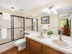 Combined shower/tub, hair dryer, towels
