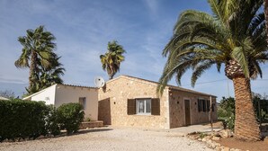 A two-story stone house with a tiled roof, surrounded by palm trees and a gravel driveway. - Romantic finca with pool between Campos and Colonia Sant Jordi in the countryside (Campos)