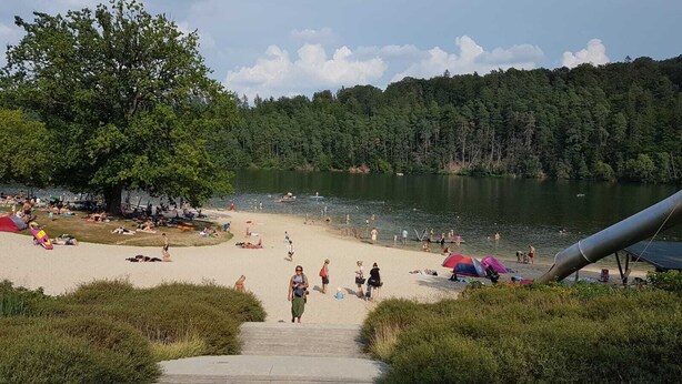 A beach with people sunbathing and swimming, surrounded by trees and a lake. - Cottage with large terrace in the vacation park at the Twistesee, Bad Arolsen (Bad Arolsen)