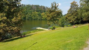 A grassy area with a lake, trees, and a small dock. - Cottage with large terrace in the vacation park at the Twistesee, Bad Arolsen (Bad Arolsen)