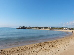 A beach with clear blue water, a sandy shore, and a distant shoreline with buildings and trees.