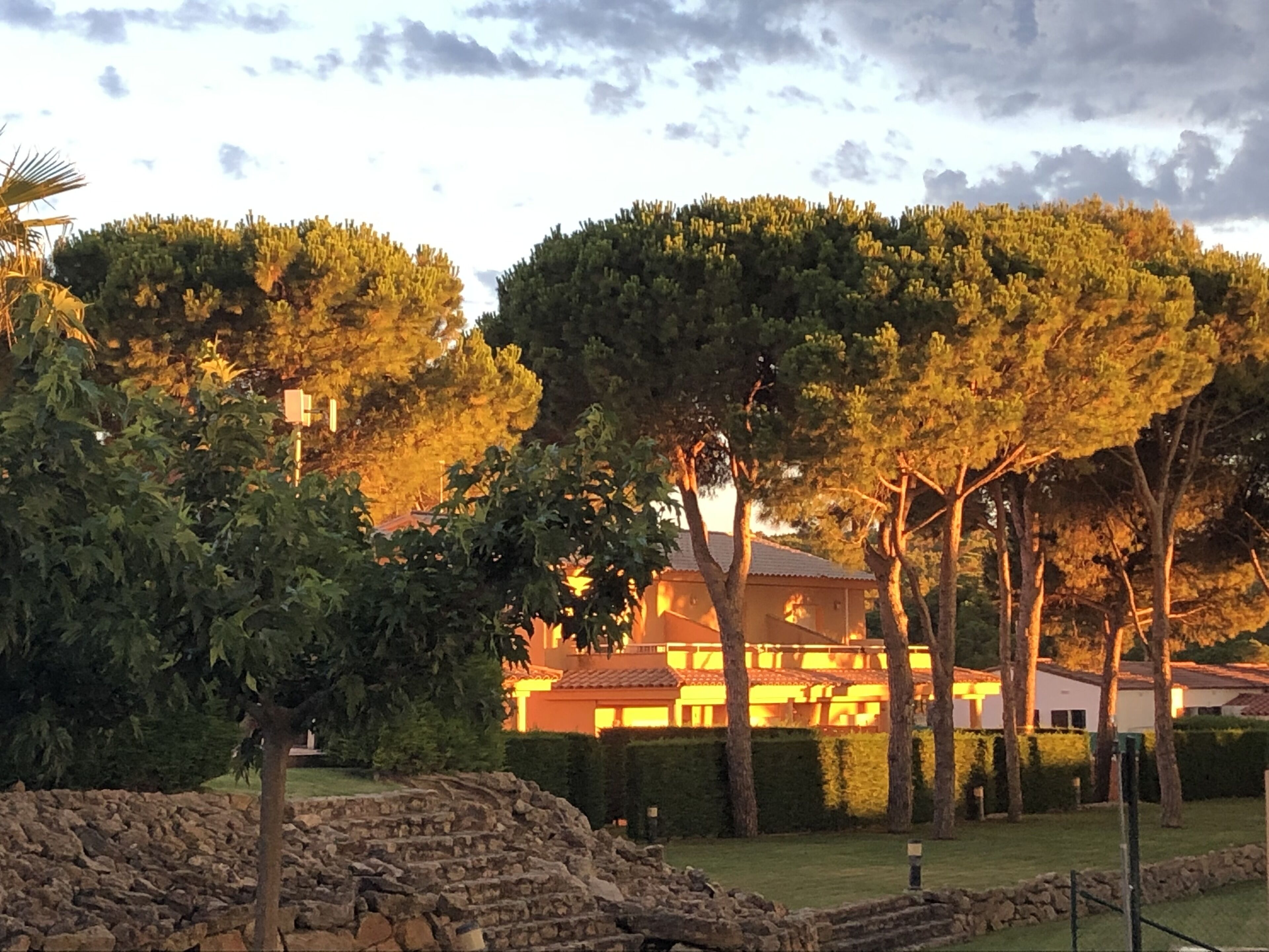 A building with a tiled roof, surrounded by trees and a stone wall.