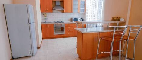 Fridge, microwave, oven, electric kettle