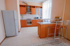 Fridge, microwave, oven, electric kettle