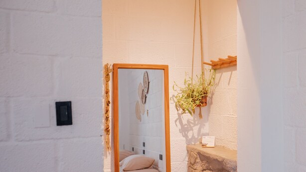 Una habitación con un espejo de madera, un repisa de piedra y una planta colgante.