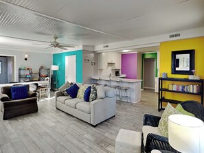 Flat-screen TV, fireplace