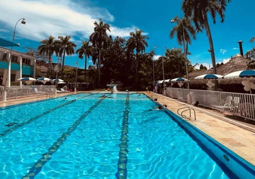 Ein Swimmingpool mit klarem, blauem Wasser, umgeben von Palmen und Sonnenschirmen.