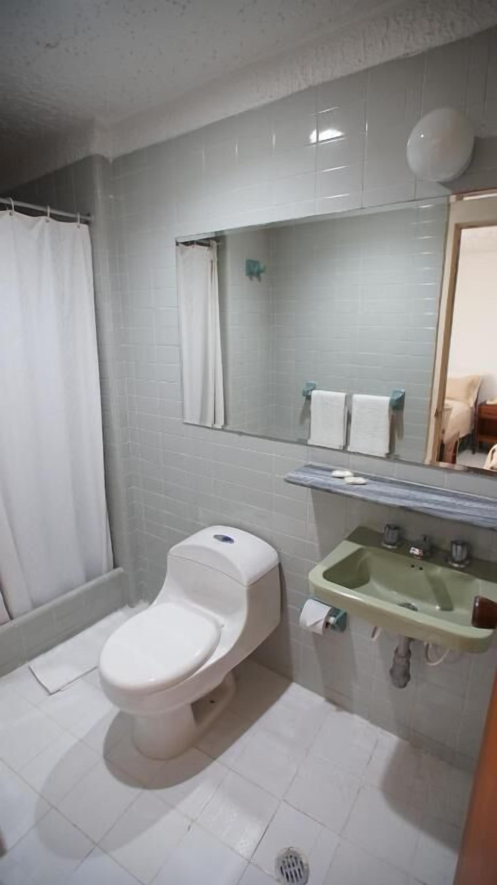 A bathroom with a toilet, a sink, a mirror, and a shower curtain.