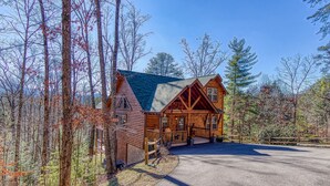 A log cabin with a steeply pitched roof, a front porch, and a driveway leading to the entrance.