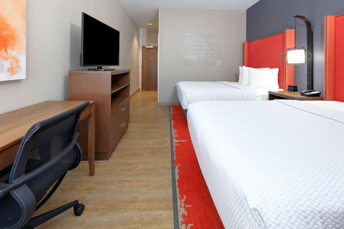 A hotel room with a bed, a desk, a chair, a TV, and a red accent wall.