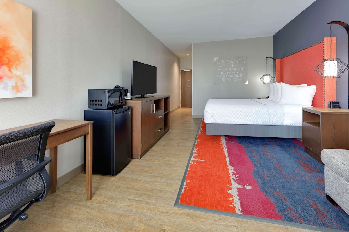 A hotel room with a bed, desk, TV, and a colorful rug.