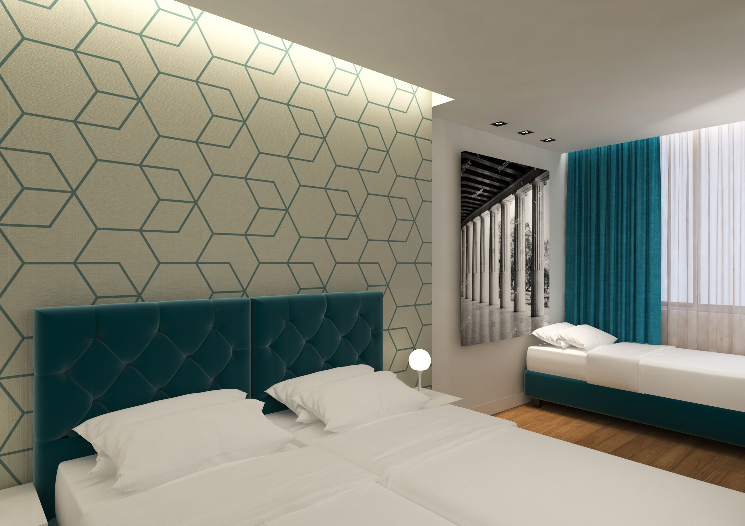 Un dormitorio moderno con pared de diseño geométrico, cabecera capitonada, cama grande, mesita de noche con lámpara, ventana con cortinas e imagen enmarcada en la pared.