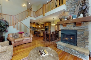 TV, fireplace, books, stereo